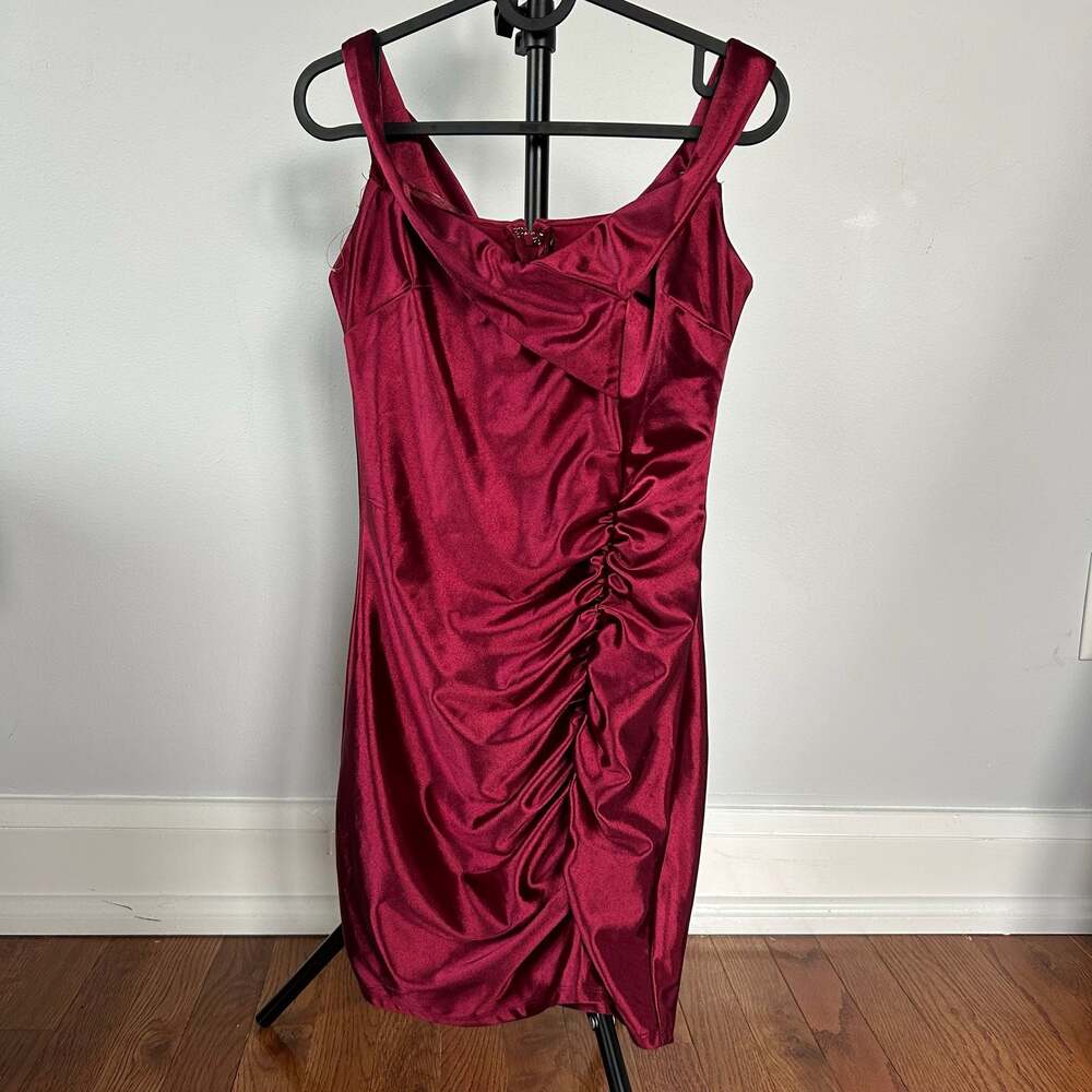 Crystal Doll Wine Red Satin Bodycon Mini Dress Junior 3 Ruched Cowl NWT Flaw